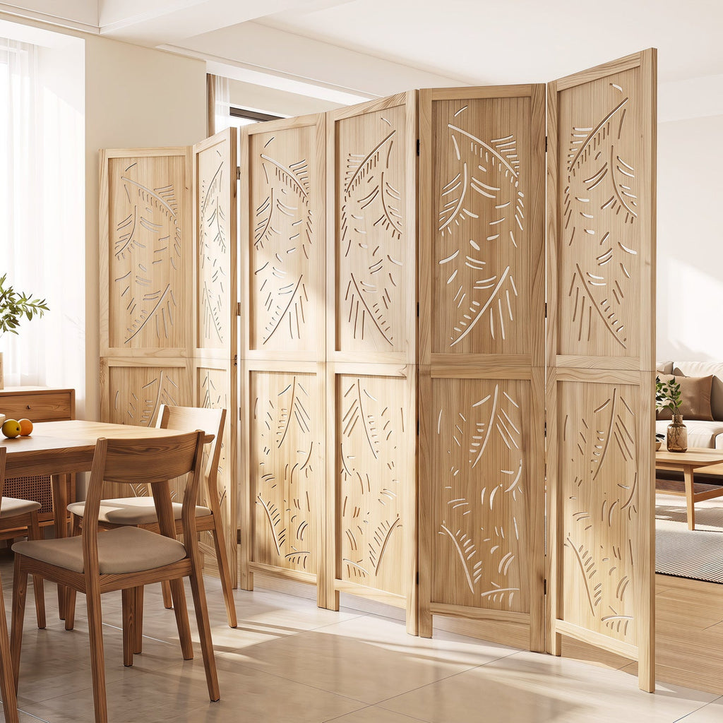 6-Panel Wooden Room Divider with Palm Leaf Design & Paulownia Frame for Home