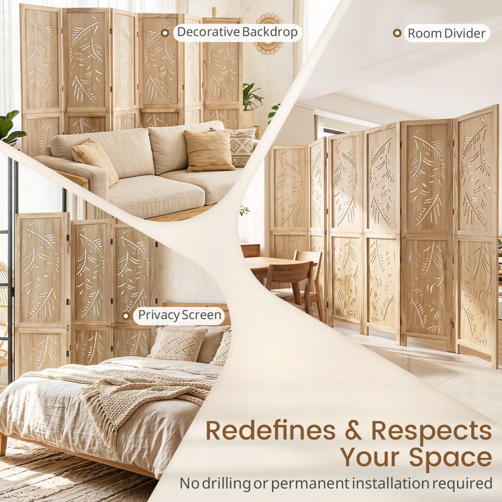 6-Panel Wooden Room Divider with Palm Leaf Design & Paulownia Frame for Home