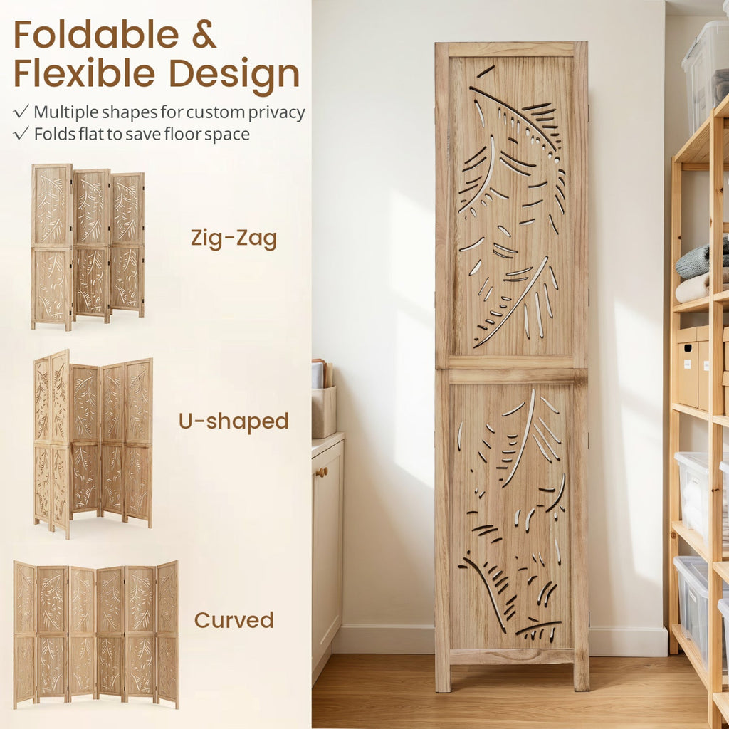 6-Panel Wooden Room Divider with Palm Leaf Design & Paulownia Frame for Home
