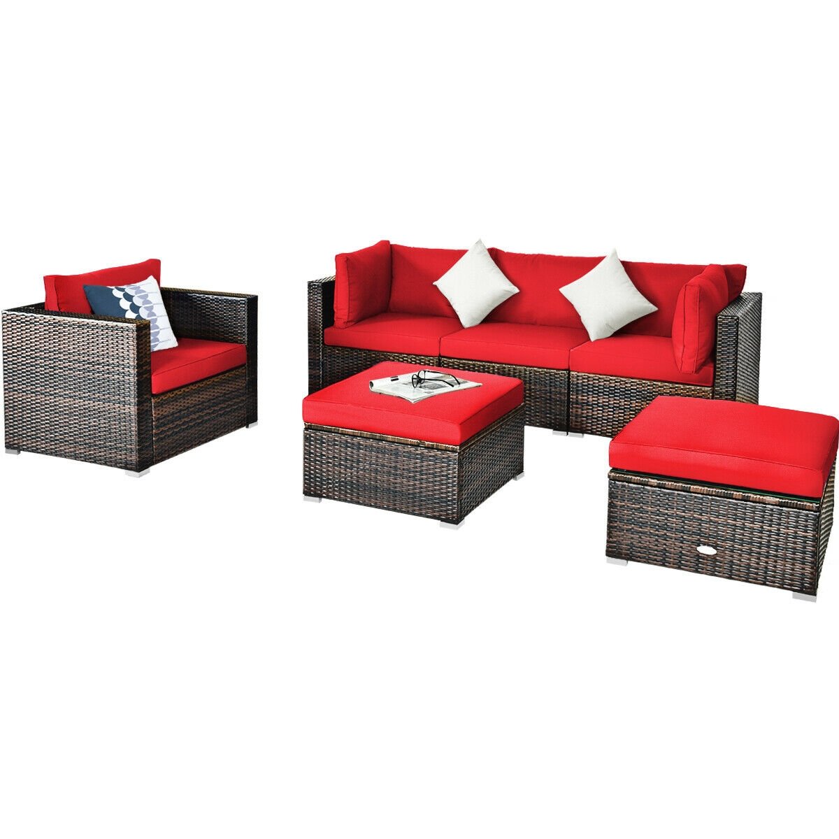 6 Piece Outdoor Rattan Sofa Set, 2 Corner Sofas, Armless Middle, Single Sofa and 2 Ottomans, Red Cushions