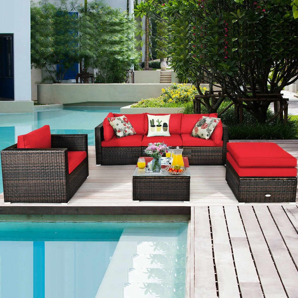6 Piece Outdoor Rattan Sofa Set, 2 Corner Sofas, Armless Middle, Single Sofa and 2 Ottomans, Red Cushions