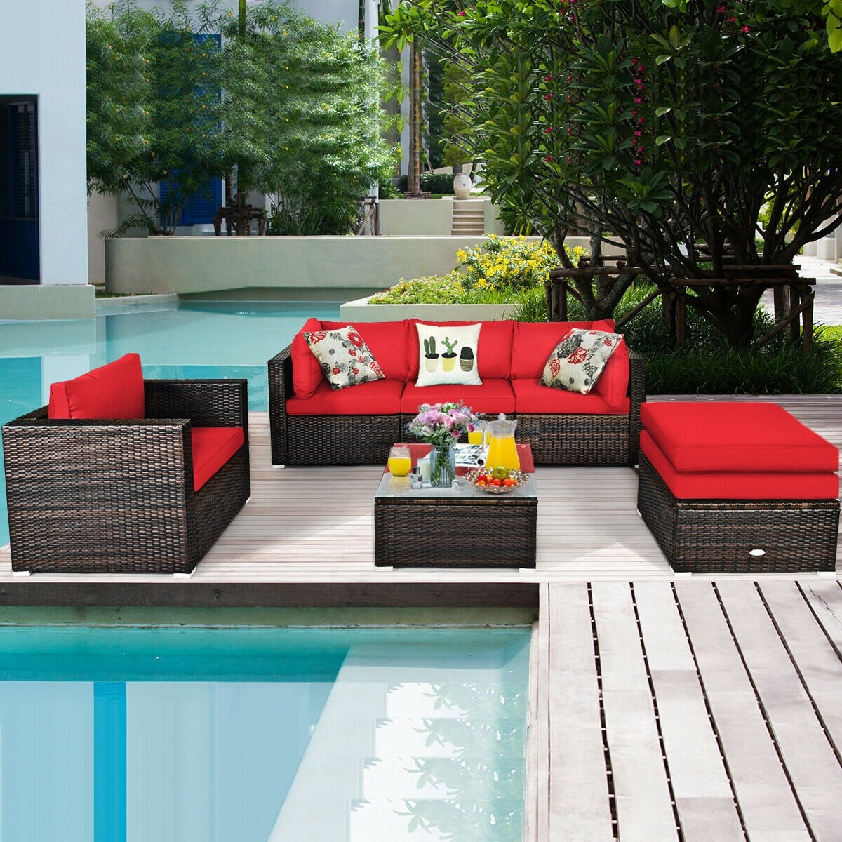 6 Piece Outdoor Rattan Sofa Set, 2 Corner Sofas, Armless Middle, Single Sofa and 2 Ottomans, Red Cushions