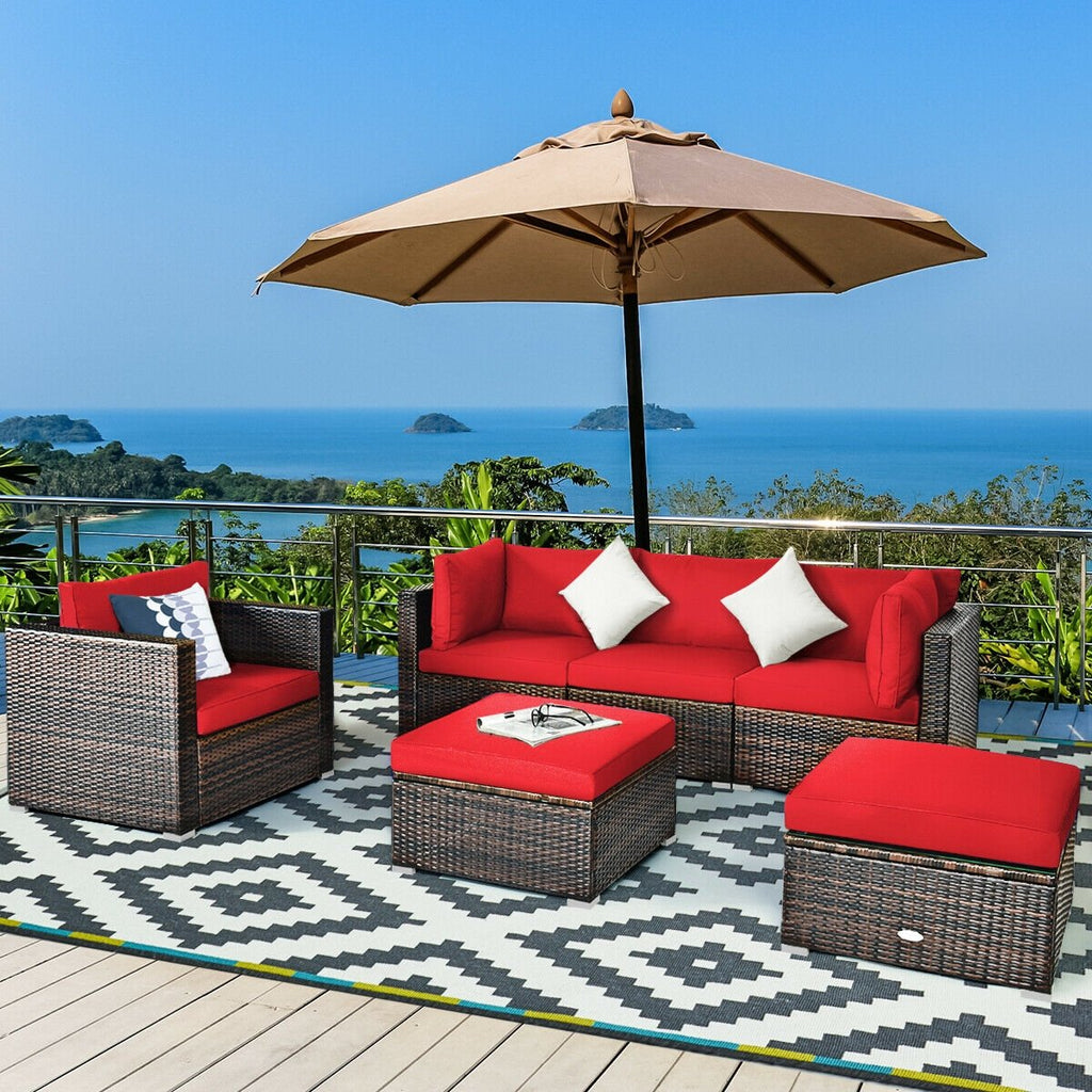 6 Piece Outdoor Rattan Sofa Set, 2 Corner Sofas, Armless Middle, Single Sofa and 2 Ottomans, Red Cushions