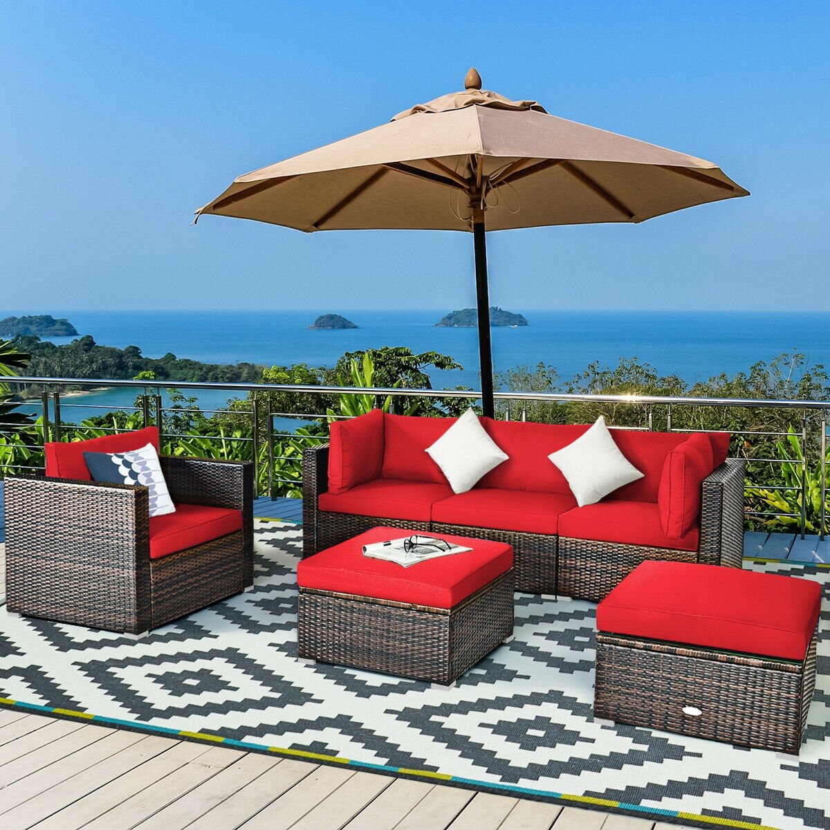 6 Piece Outdoor Rattan Sofa Set, 2 Corner Sofas, Armless Middle, Single Sofa and 2 Ottomans, Red Cushions