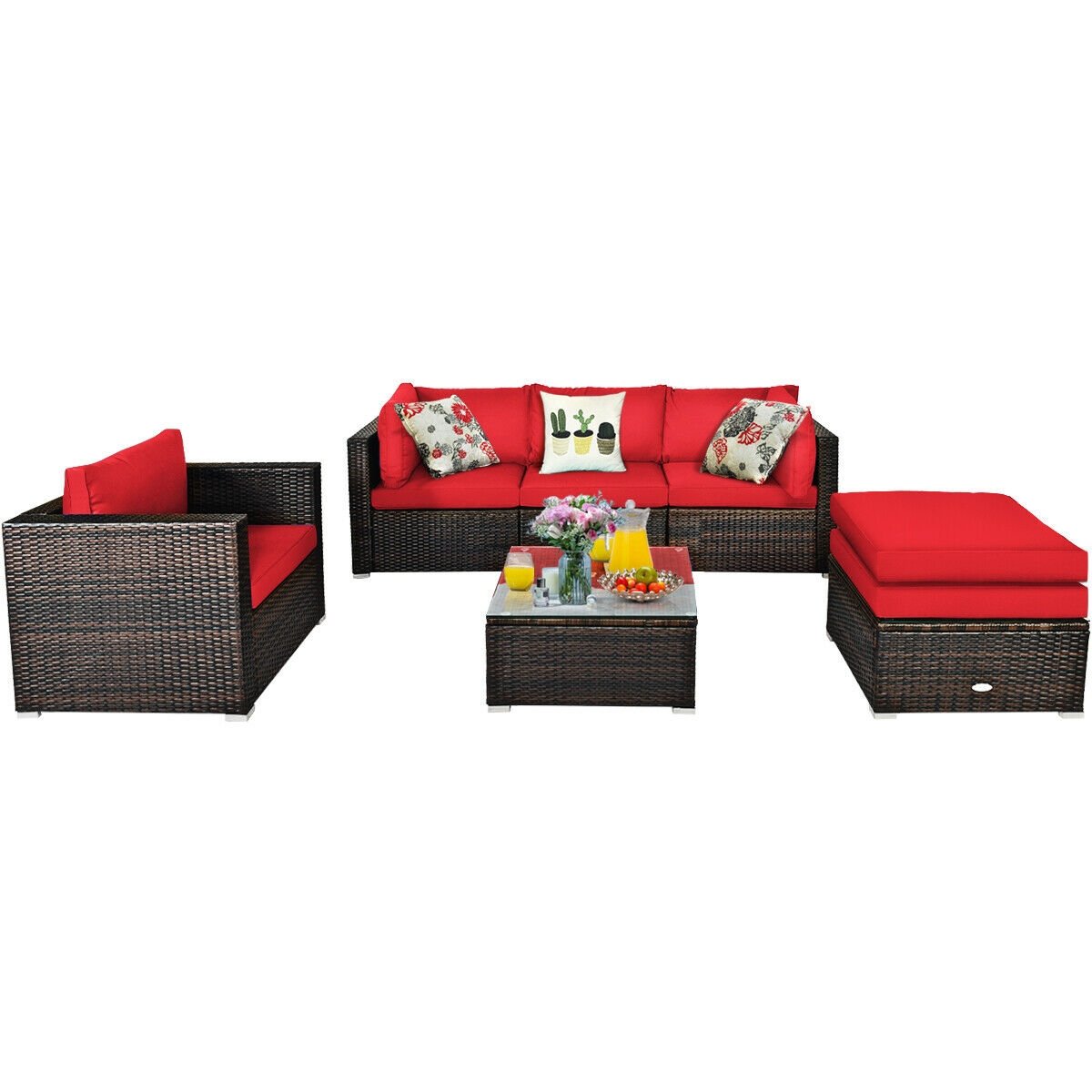 6 Piece Outdoor Rattan Sofa Set, 2 Corner Sofas, Armless Middle, Single Sofa and 2 Ottomans, Red Cushions