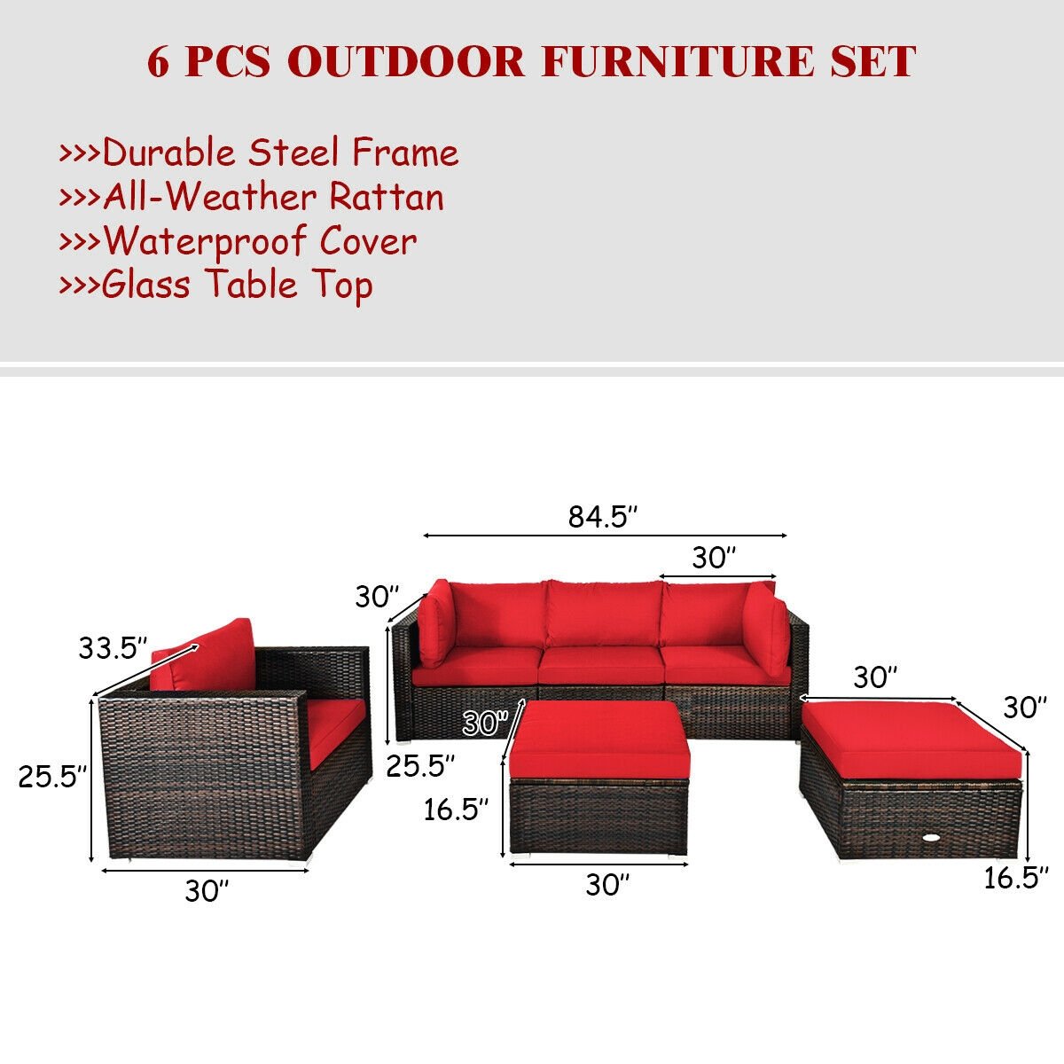 6 Piece Outdoor Rattan Sofa Set, 2 Corner Sofas, Armless Middle, Single Sofa and 2 Ottomans, Red Cushions