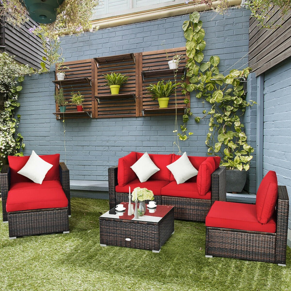 6 Piece Outdoor Rattan Sofa Set, 2 Corner Sofas, Armless Middle, Single Sofa and 2 Ottomans, Red Cushions