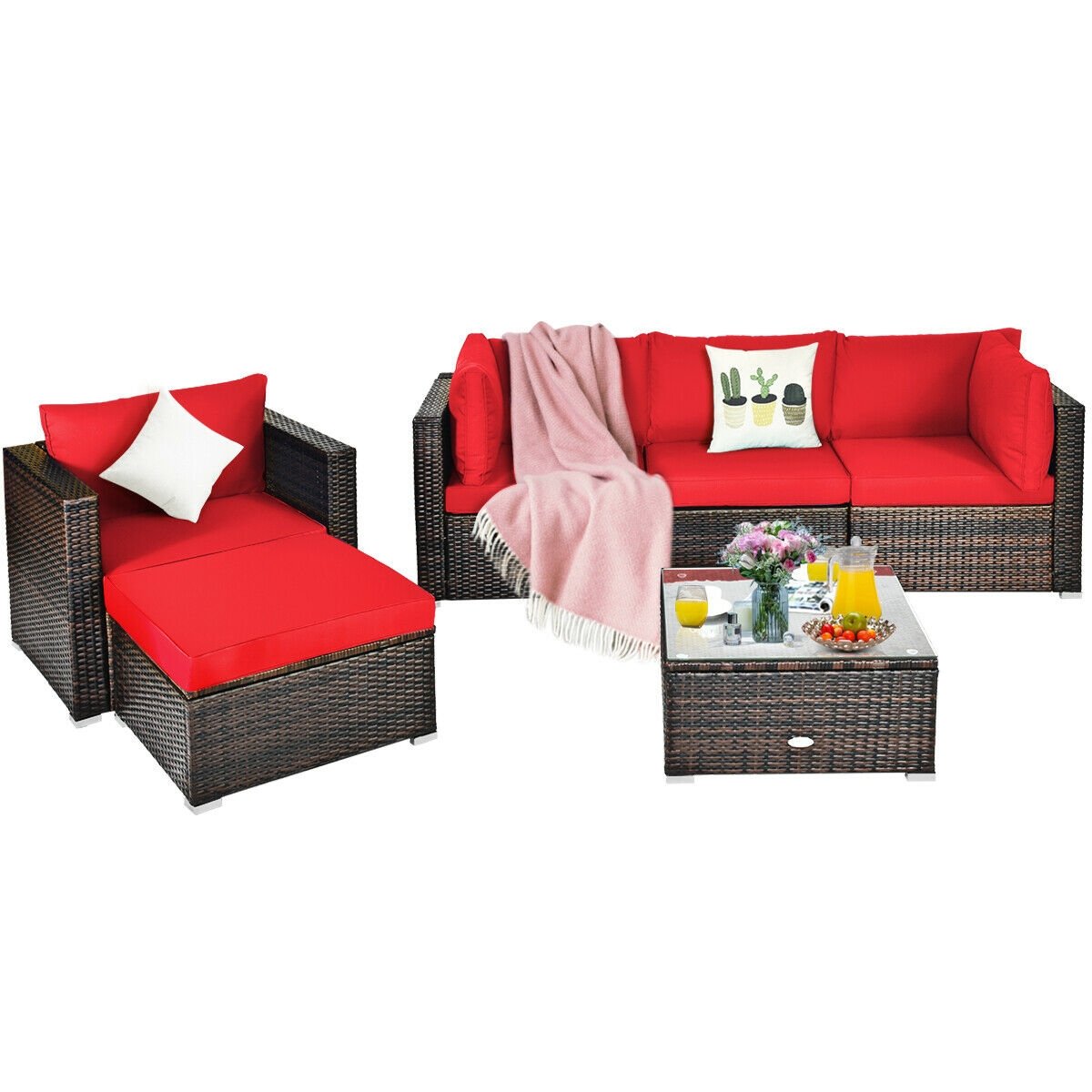 6 Piece Outdoor Rattan Sofa Set, 2 Corner Sofas, Armless Middle, Single Sofa and 2 Ottomans, Red Cushions
