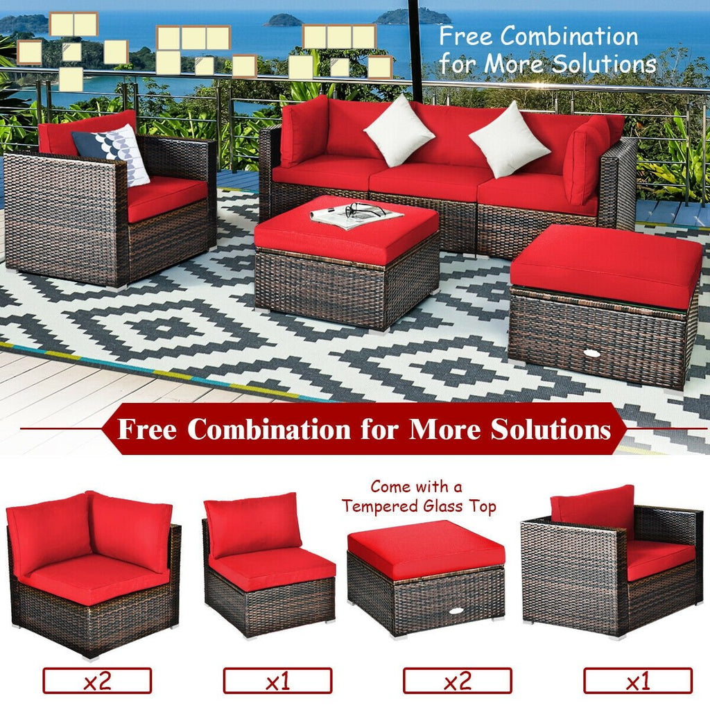 6 Piece Outdoor Rattan Sofa Set, 2 Corner Sofas, Armless Middle, Single Sofa and 2 Ottomans, Red Cushions