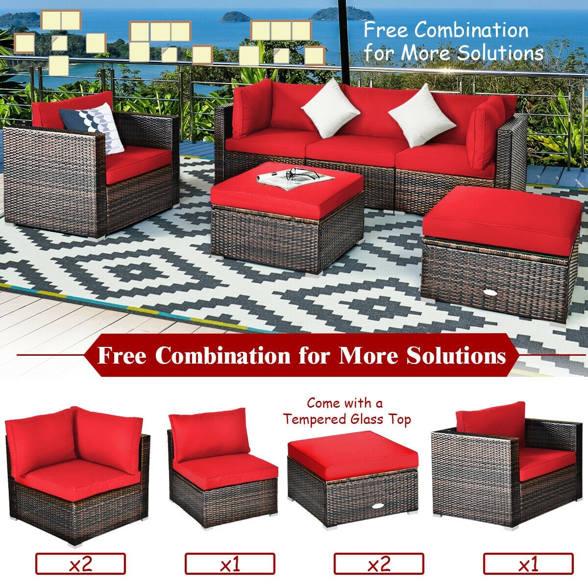 6 Piece Outdoor Rattan Sofa Set, 2 Corner Sofas, Armless Middle, Single Sofa and 2 Ottomans, Red Cushions