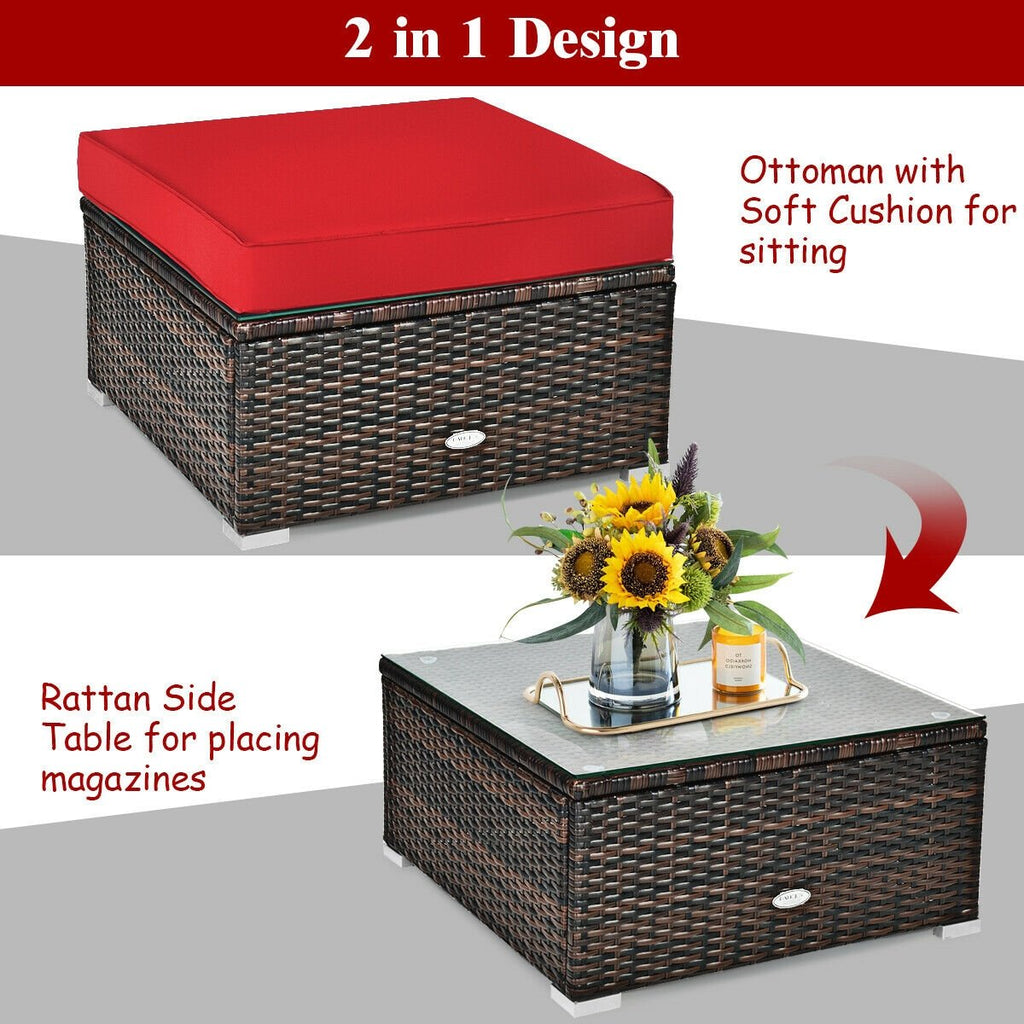 6 Piece Outdoor Rattan Sofa Set, 2 Corner Sofas, Armless Middle, Single Sofa and 2 Ottomans, Red Cushions