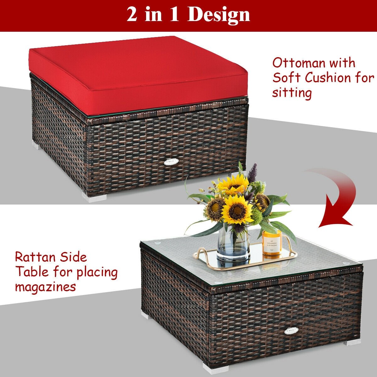 6 Piece Outdoor Rattan Sofa Set, 2 Corner Sofas, Armless Middle, Single Sofa and 2 Ottomans, Red Cushions