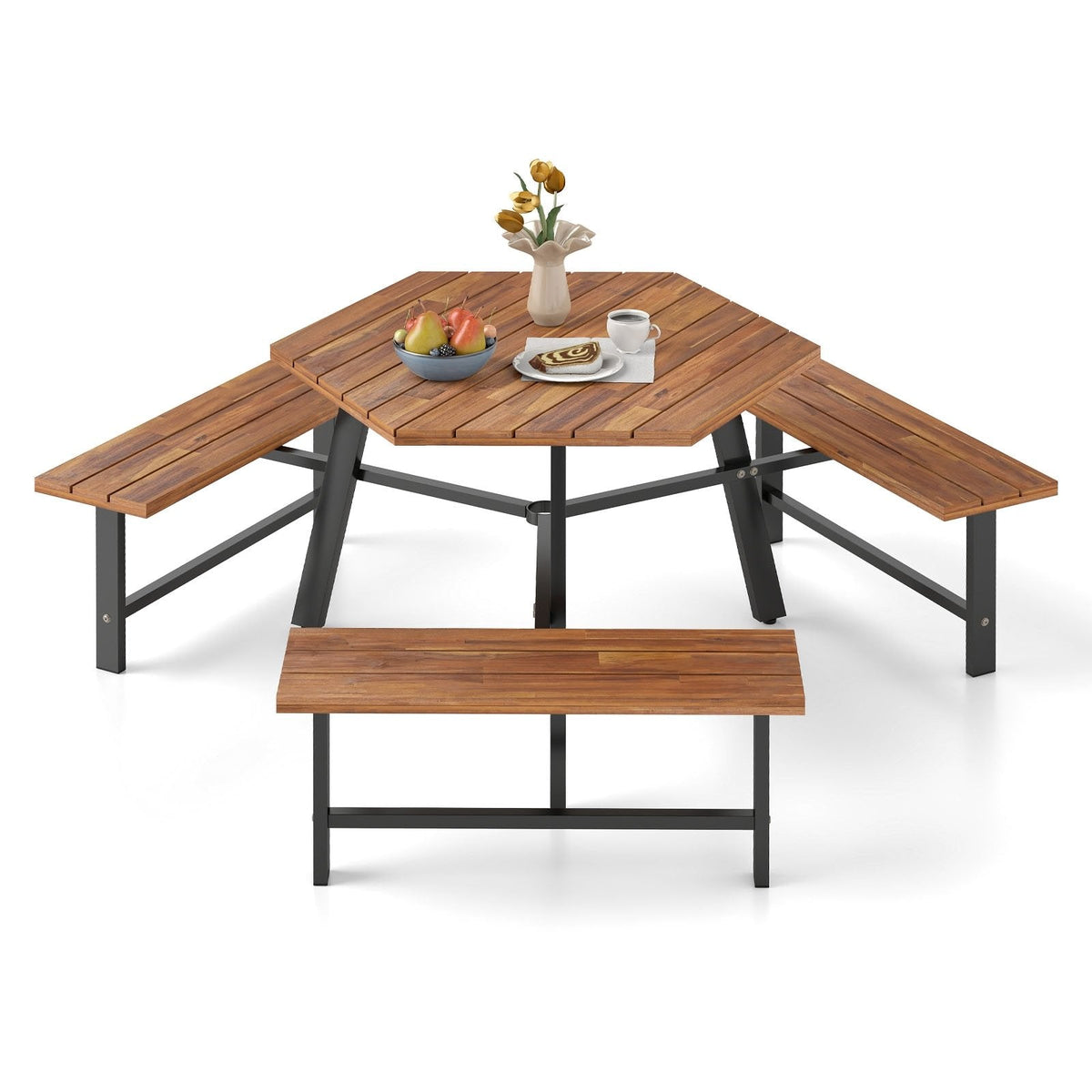 6 Person Acacia Wood Picnic Table Bench Set with 3 Seats