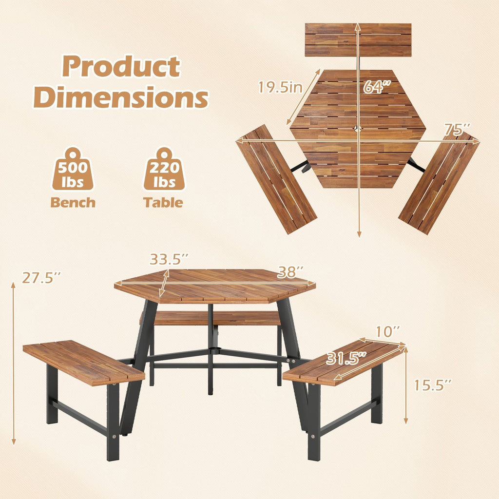 6 Person Acacia Wood Picnic Table Bench Set with 3 Seats