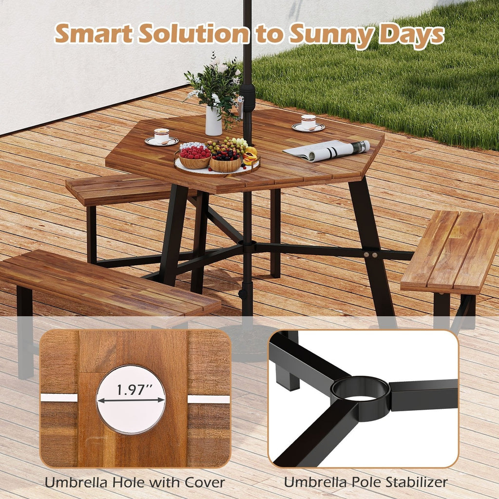 6 Person Acacia Wood Picnic Table Bench Set with 3 Seats