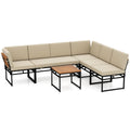 6 Piece Metal and Acacia Patio Sectional Conversation Set with Bungee Rope Seats, Beige