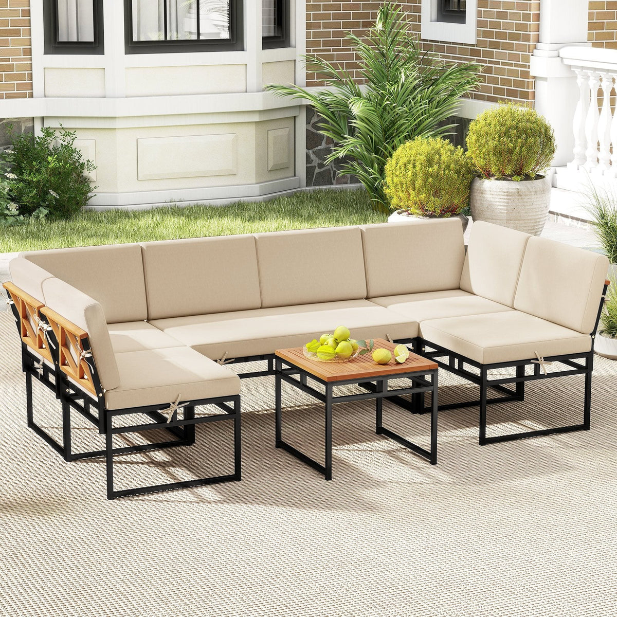 6 Piece Metal and Acacia Patio Sectional Conversation Set with Bungee Rope Seats, Beige