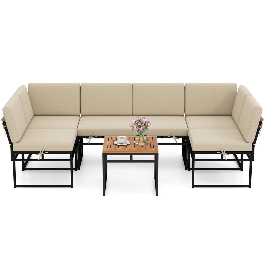 6 Piece Metal and Acacia Patio Sectional Conversation Set with Bungee Rope Seats, Beige
