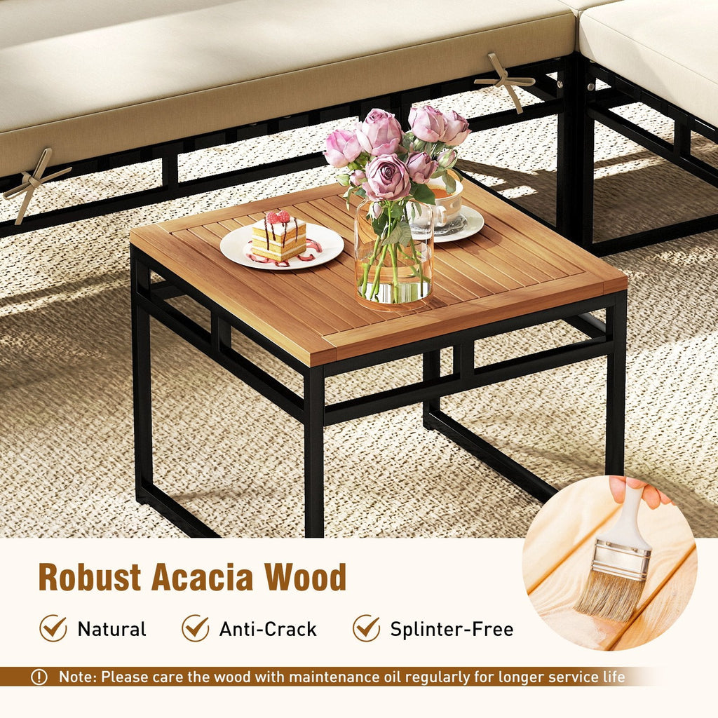6 Piece Metal and Acacia Patio Sectional Conversation Set with Bungee Rope Seats, Beige