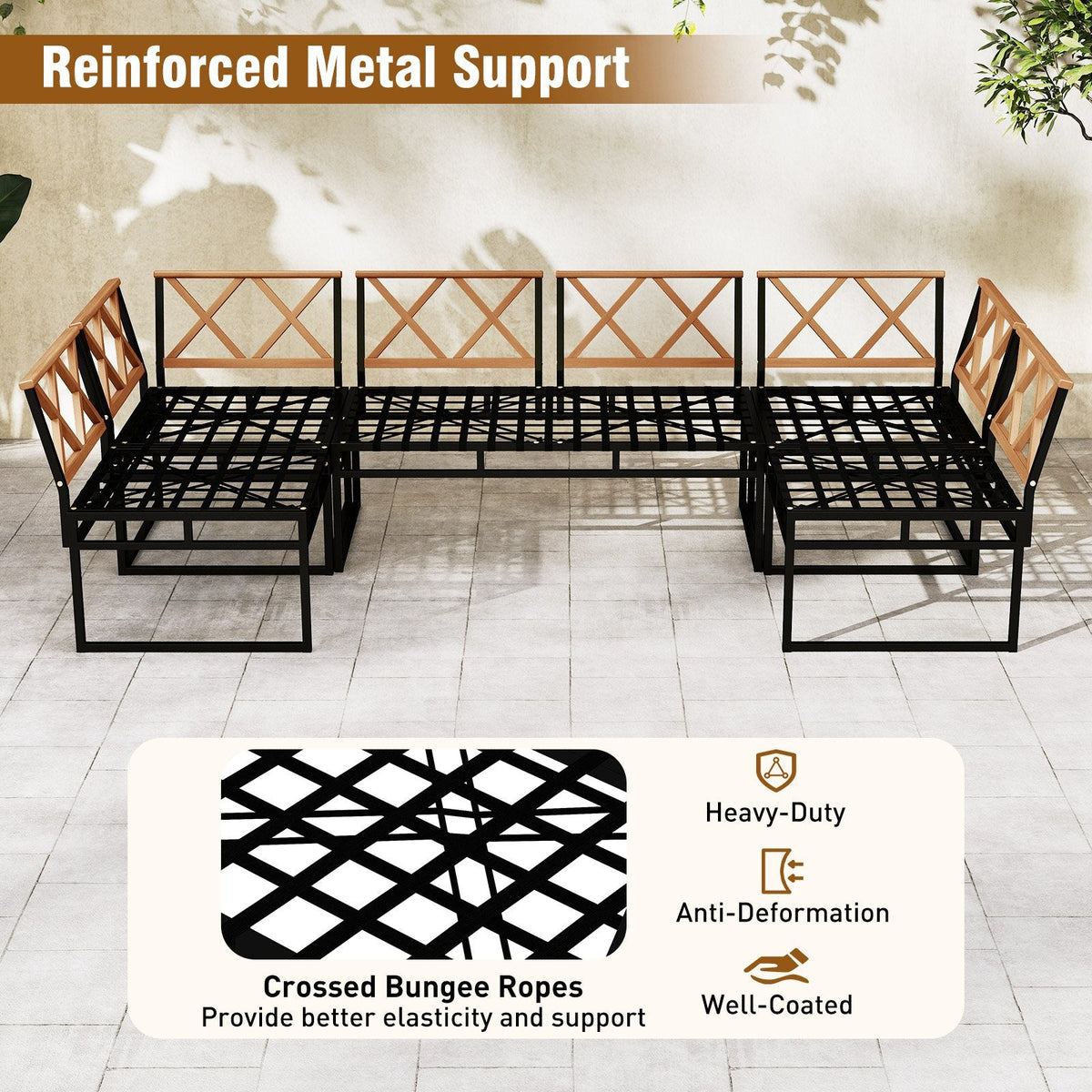 6 Piece Metal and Acacia Patio Sectional Conversation Set with Bungee Rope Seats, Beige