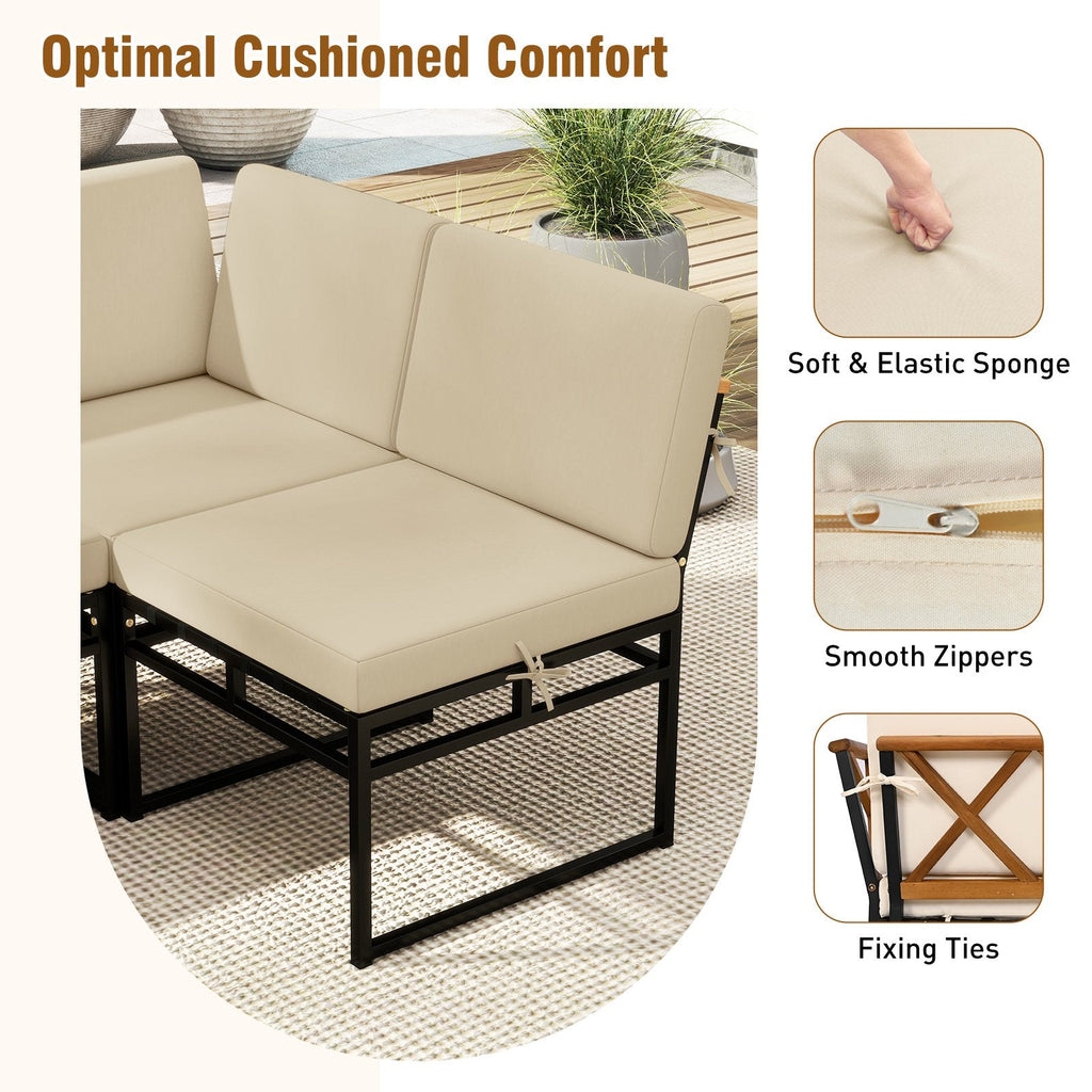 6 Piece Metal and Acacia Patio Sectional Conversation Set with Bungee Rope Seats, Beige
