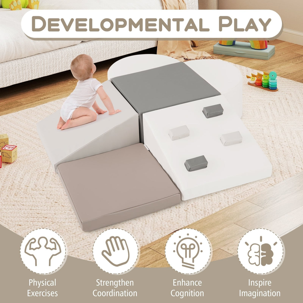 6-Piece Soft Play Set for Toddlers with Climbing Triangle and Ramp-White