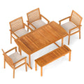 6 Piece Acacia Patio Dining Set, 63 Inch Table with Covered 1.97 Inch Umbrella Hole, 4 Armchairs and a Bench