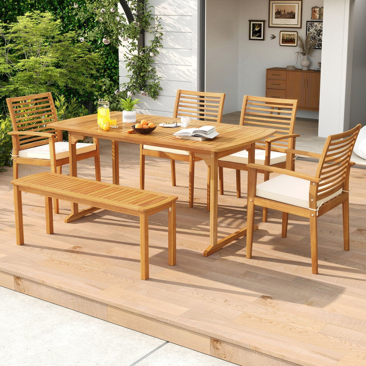 6 Piece Acacia Patio Dining Set, 63 Inch Table with Covered 1.97 Inch Umbrella Hole, 4 Armchairs and a Bench