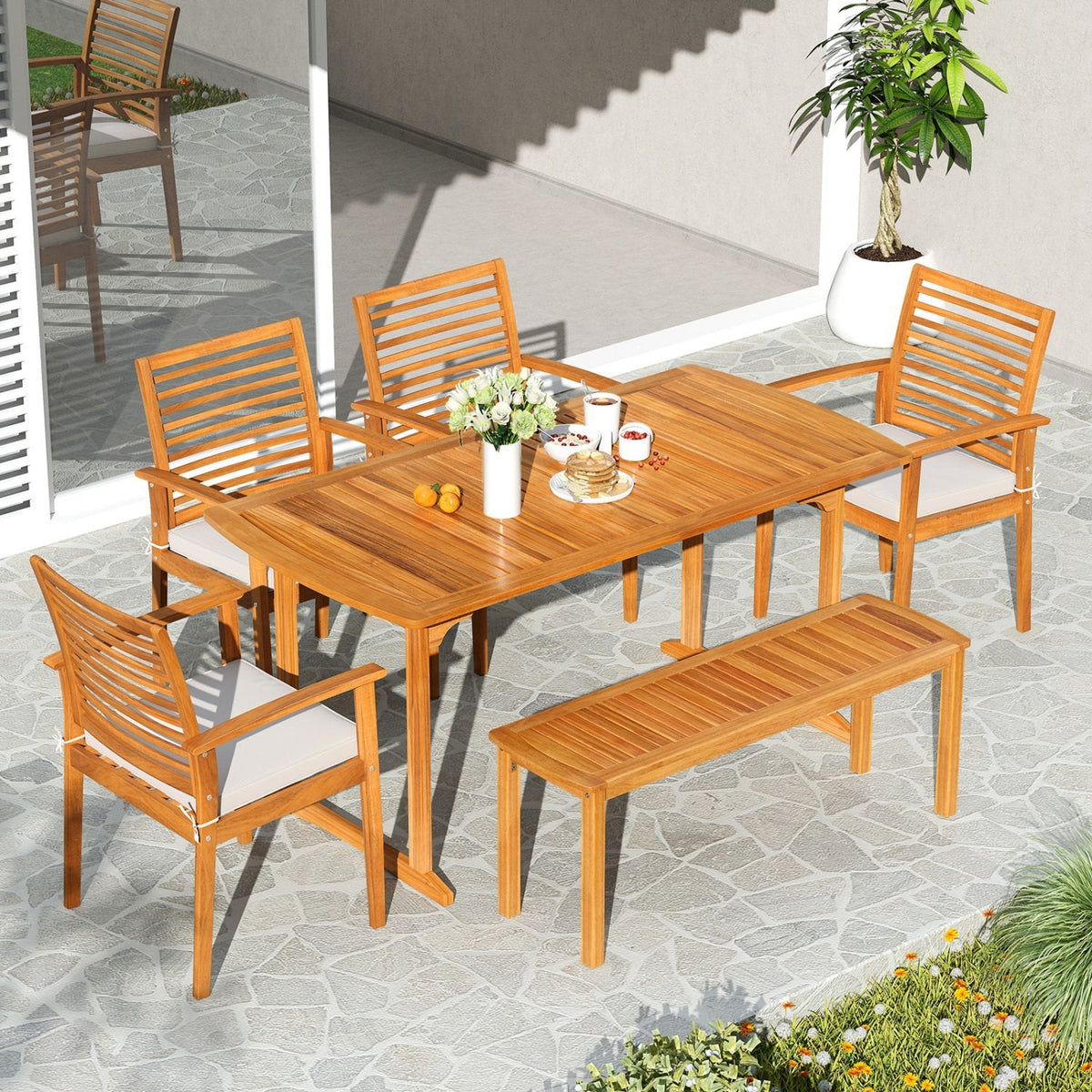 6 Piece Acacia Patio Dining Set, 63 Inch Table with Covered 1.97 Inch Umbrella Hole, 4 Armchairs and a Bench
