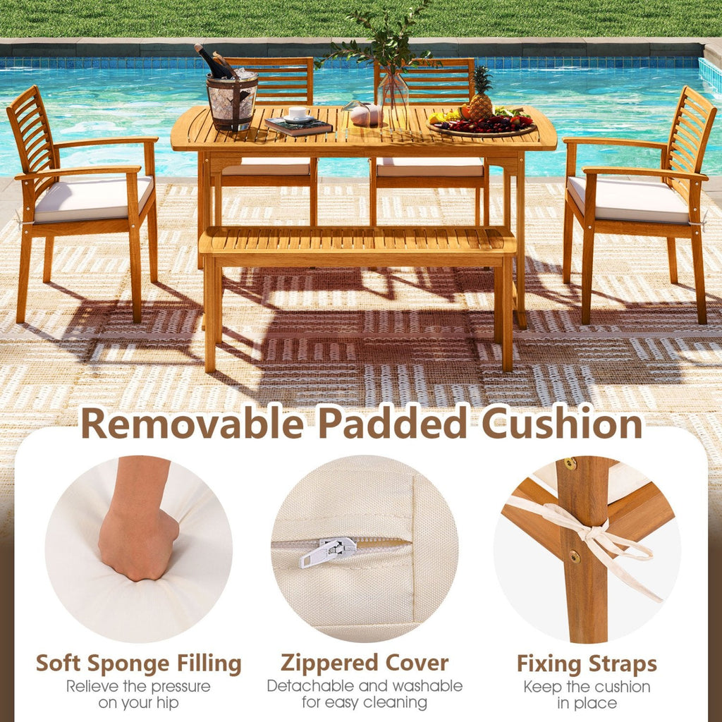 6 Piece Acacia Patio Dining Set, 63 Inch Table with Covered 1.97 Inch Umbrella Hole, 4 Armchairs and a Bench