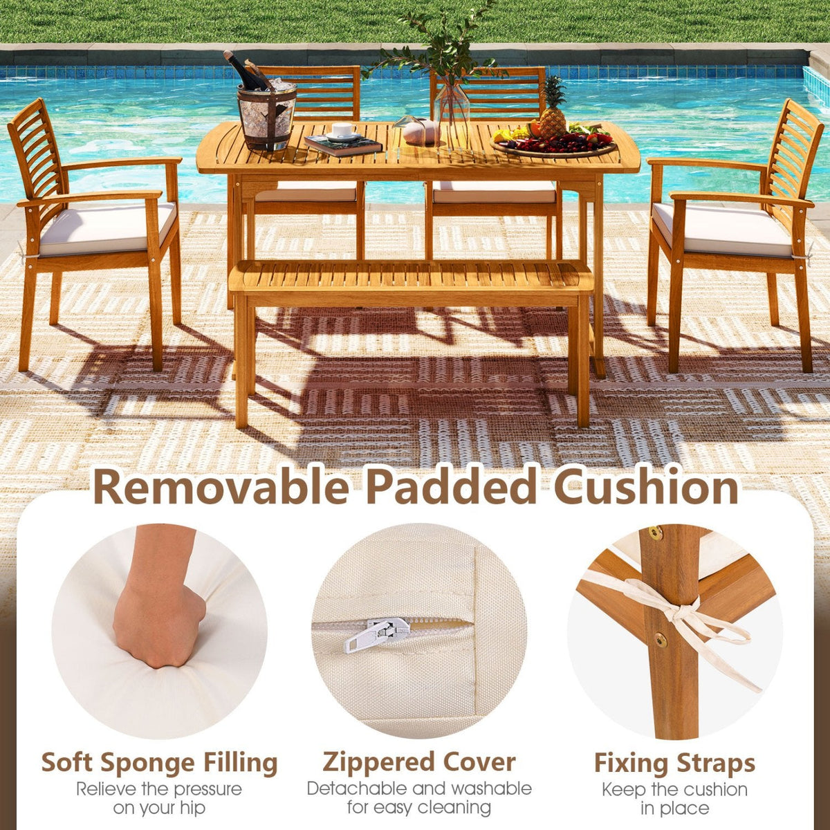 6 Piece Acacia Patio Dining Set, 63 Inch Table with Covered 1.97 Inch Umbrella Hole, 4 Armchairs and a Bench