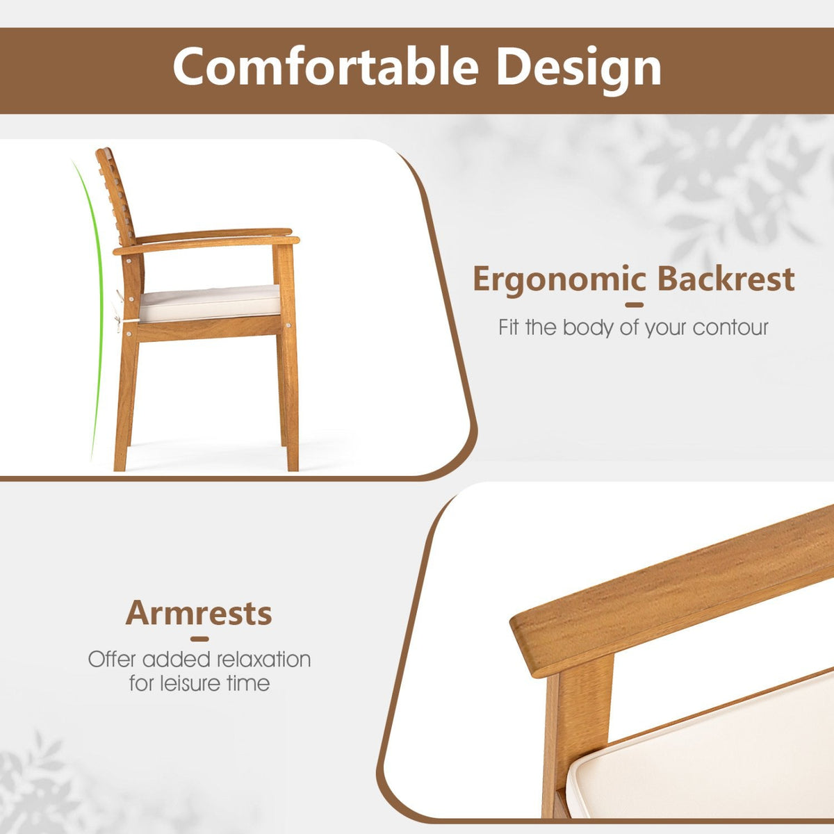 6 Piece Acacia Patio Dining Set, 63 Inch Table with Covered 1.97 Inch Umbrella Hole, 4 Armchairs and a Bench