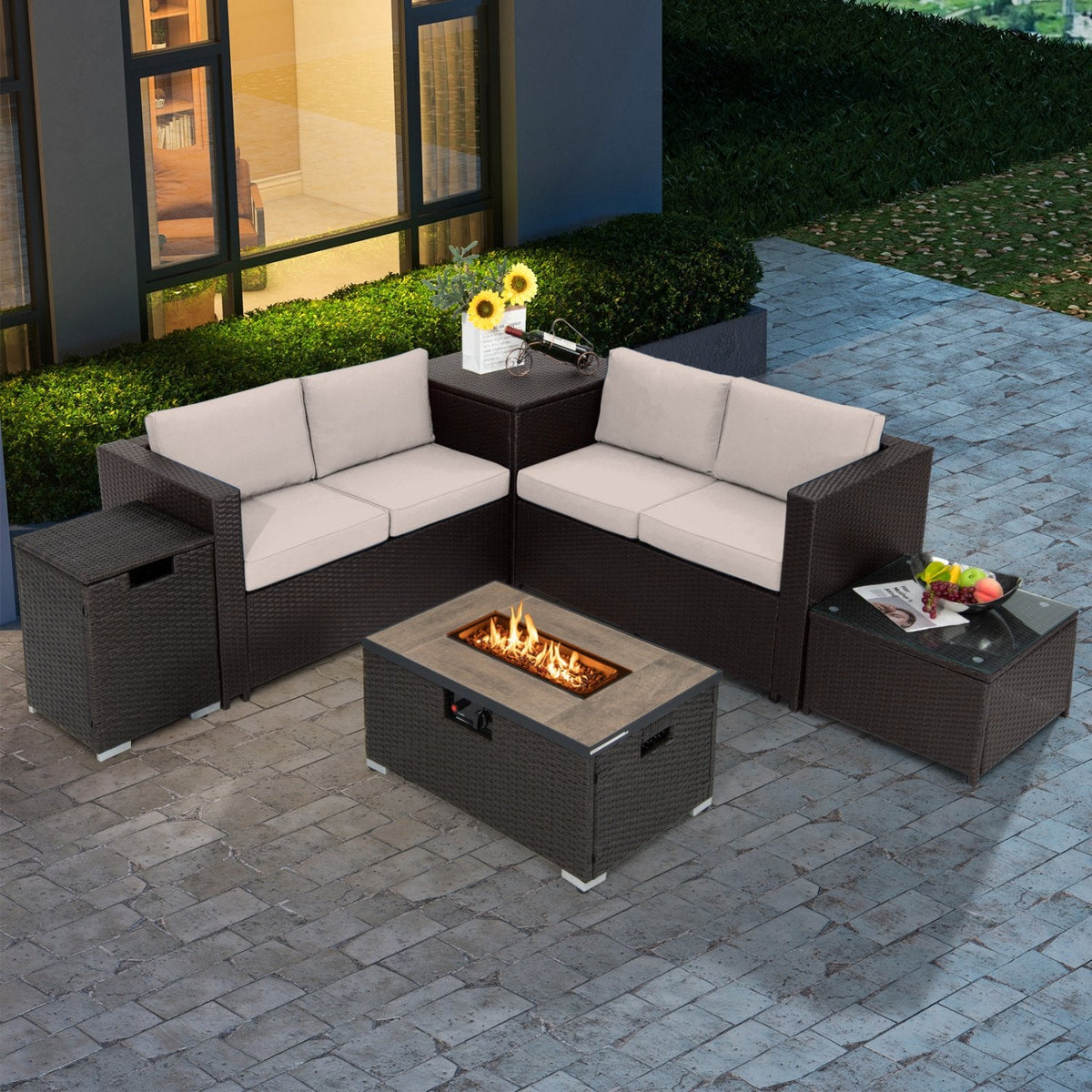 6 Piece Wicker Patio Conversation Set with 32 in Propane Fire Pit Table, Beige Cushions