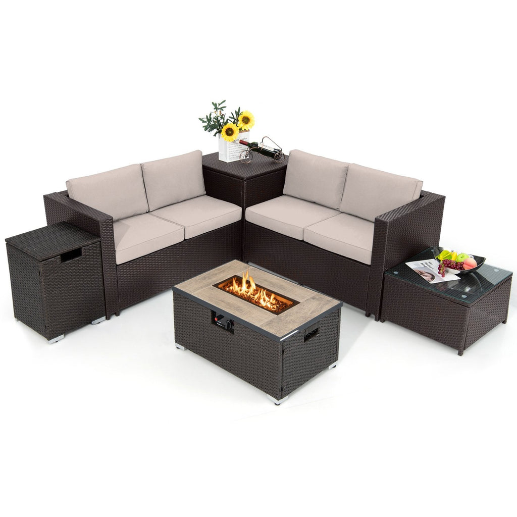 6 Piece Wicker Patio Conversation Set with 32 in Propane Fire Pit Table, Beige Cushions