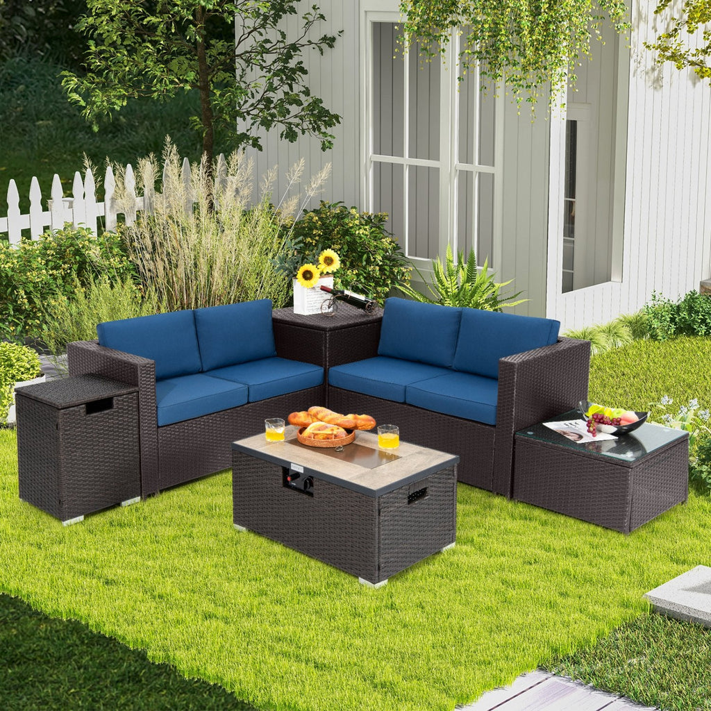 6 Piece Wicker Patio Conversation Set with 32 in Propane Fire Pit Table, Navy Cushions