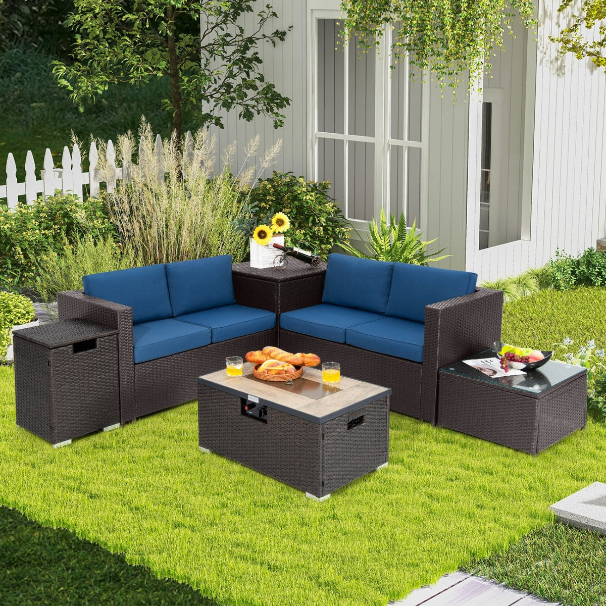 6 Piece Wicker Patio Conversation Set with 32 in Propane Fire Pit Table, Navy Cushions