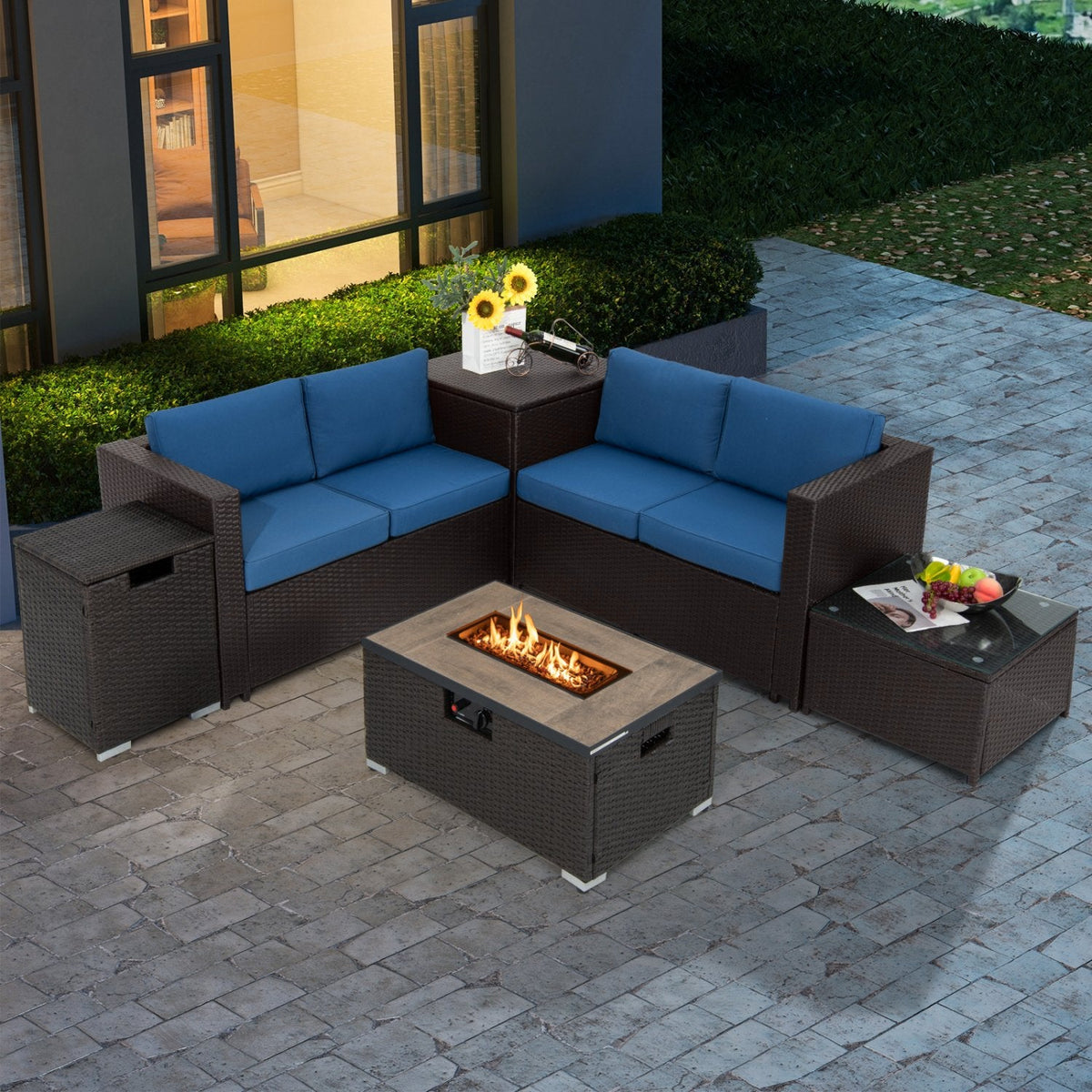6 Piece Wicker Patio Conversation Set with 32 in Propane Fire Pit Table, Navy Cushions