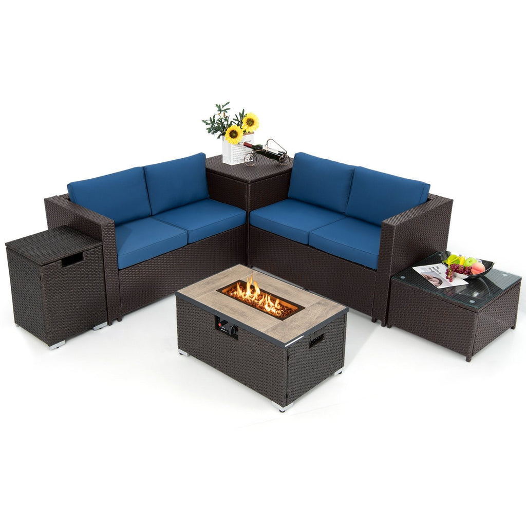 6 Piece Wicker Patio Conversation Set with 32 in Propane Fire Pit Table, Navy Cushions