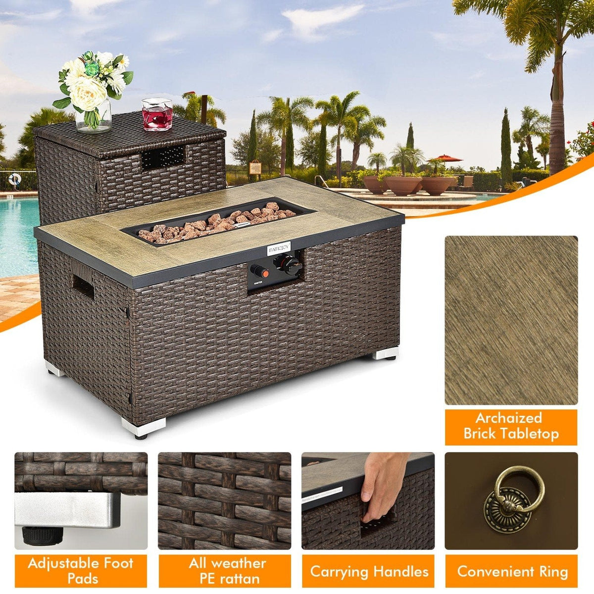 6 Piece Wicker Patio Conversation Set with 32 in Propane Fire Pit Table, Navy Cushions