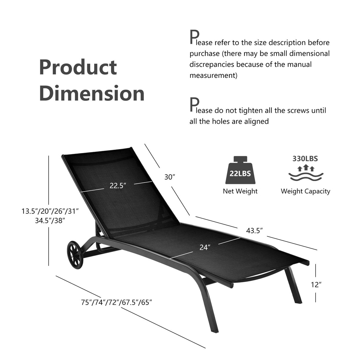 Sling Chaise Recliner on Wheels with 6 Position Backrest, 22 lb, Black