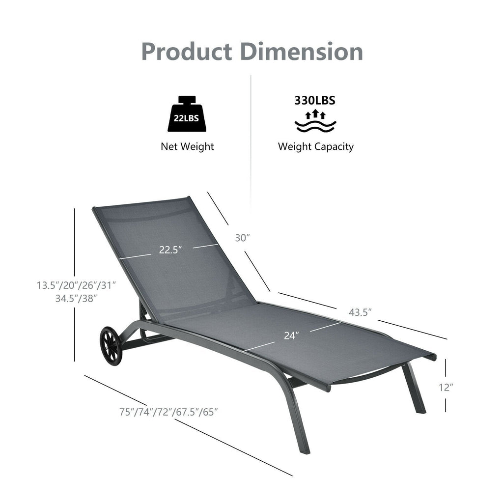 Sling Chaise Recliner on Wheels with Quick Drying Fabric, Gray