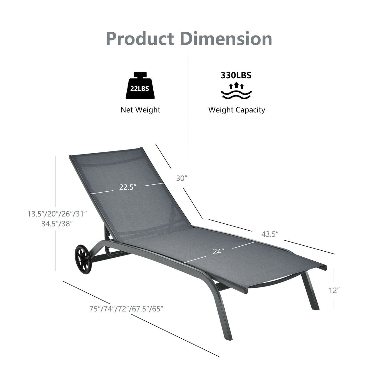 Sling Chaise Recliner on Wheels with Quick Drying Fabric, Gray