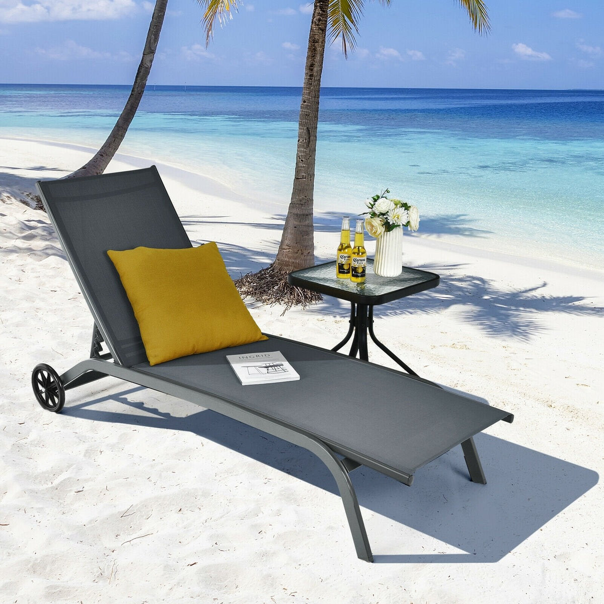 Sling Chaise Recliner on Wheels with Quick Drying Fabric, Gray