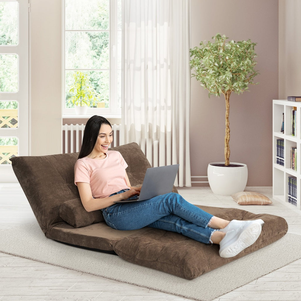 6-Position Adjustable Sleeper Lounge Couch with 2 Pillows-Brown