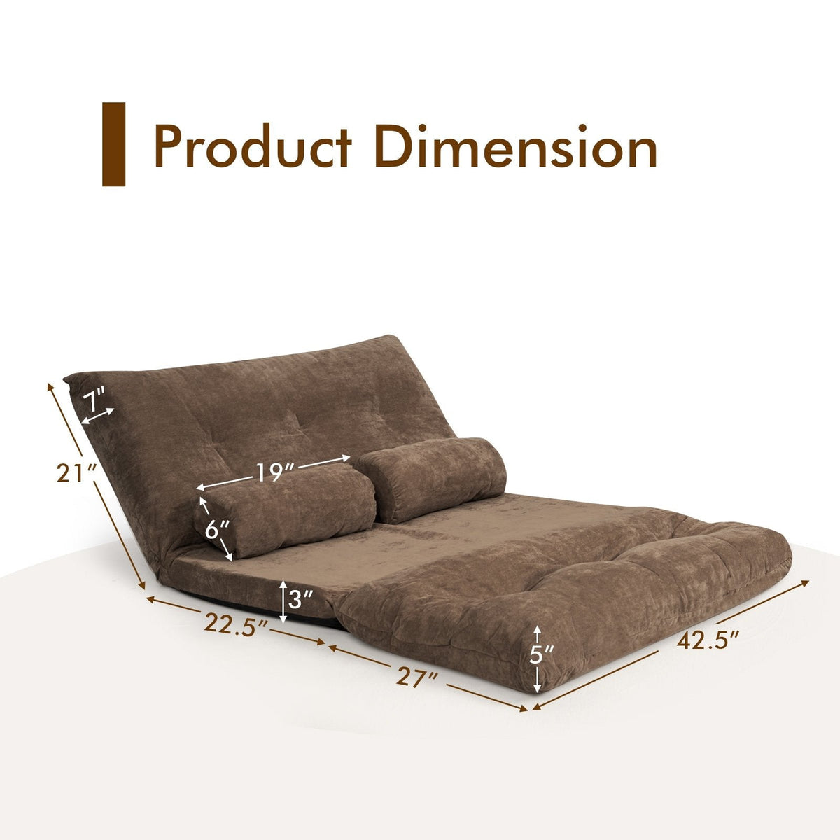 6-Position Adjustable Sleeper Lounge Couch with 2 Pillows-Brown