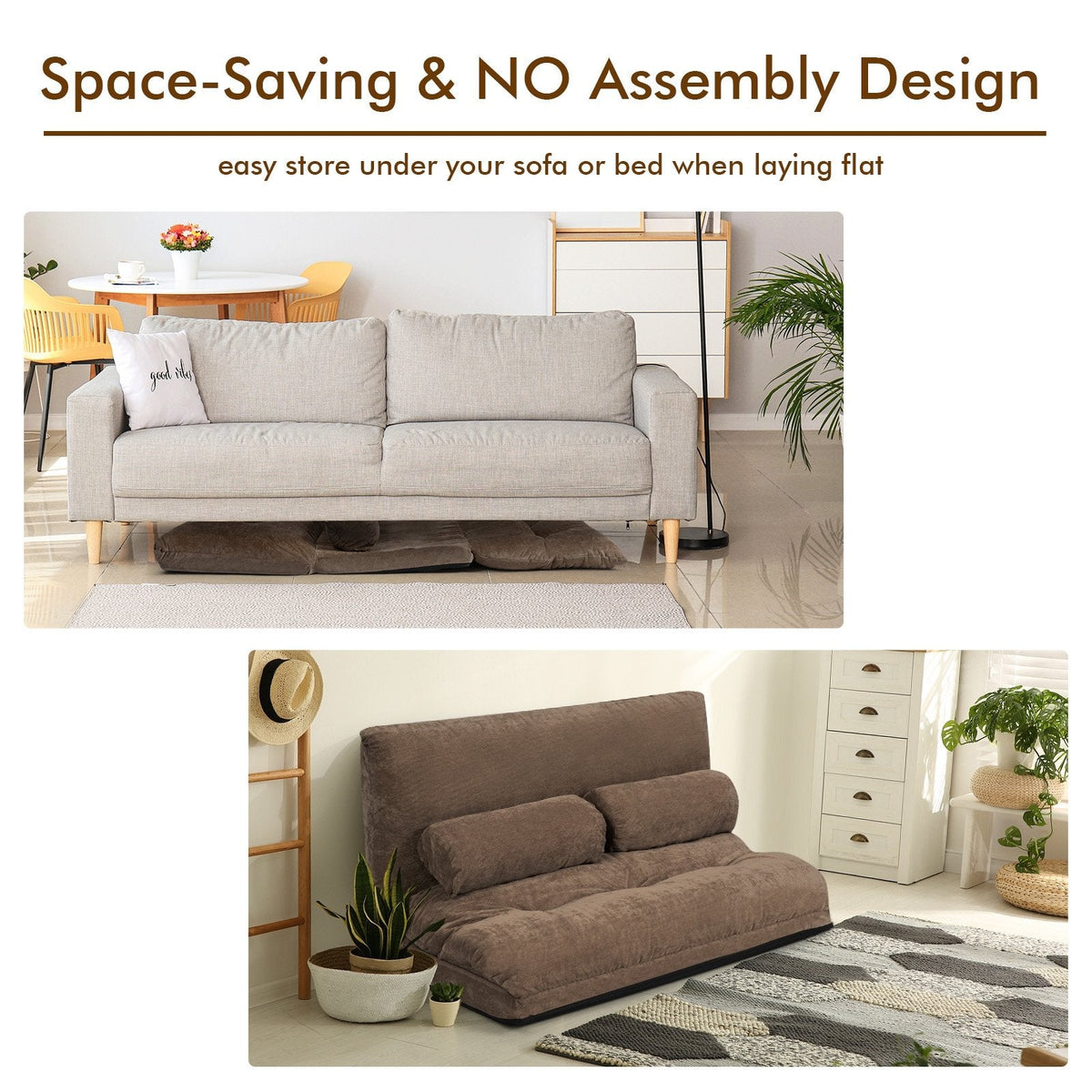 6-Position Adjustable Sleeper Lounge Couch with 2 Pillows-Brown