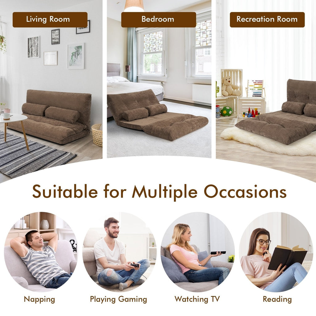 6-Position Adjustable Sleeper Lounge Couch with 2 Pillows-Brown