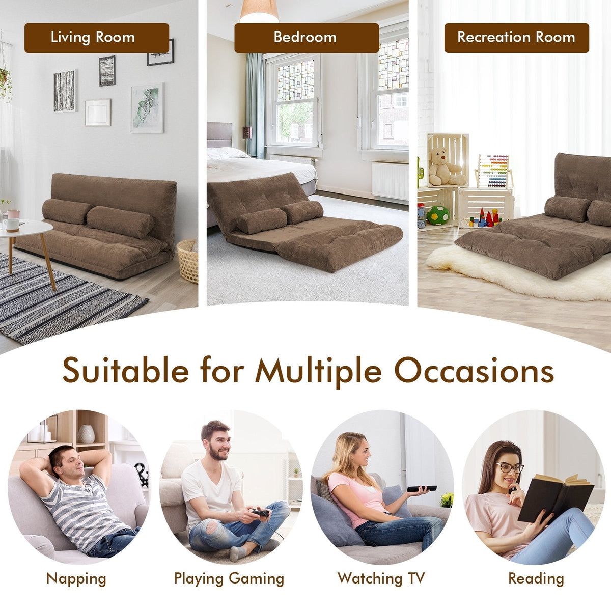6-Position Adjustable Sleeper Lounge Couch with 2 Pillows-Brown