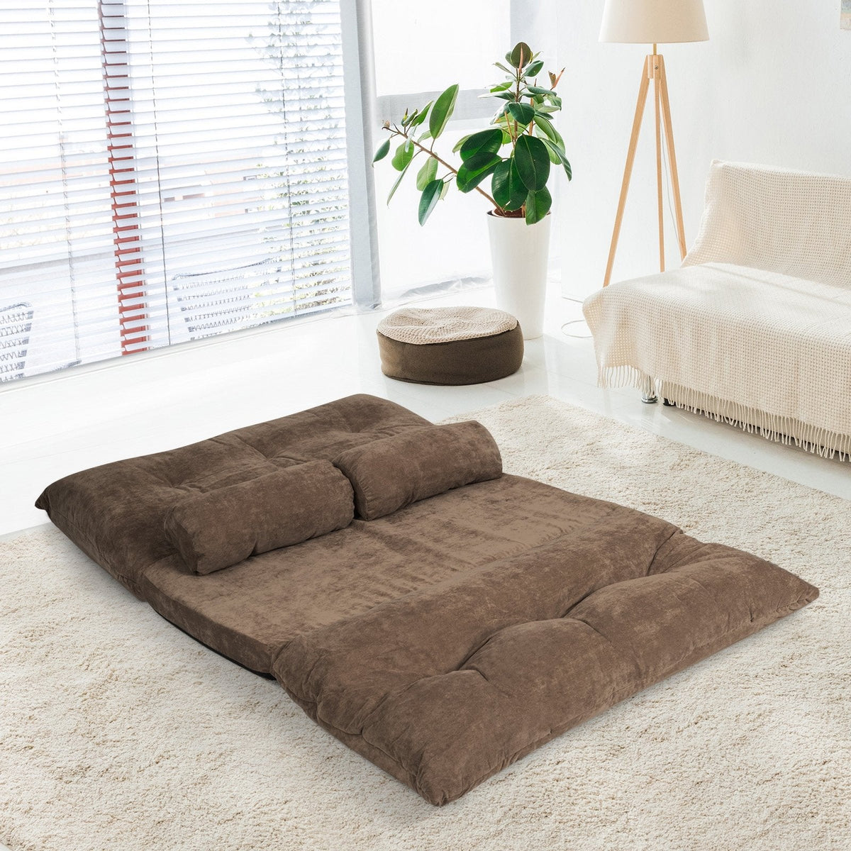 6-Position Adjustable Sleeper Lounge Couch with 2 Pillows-Brown