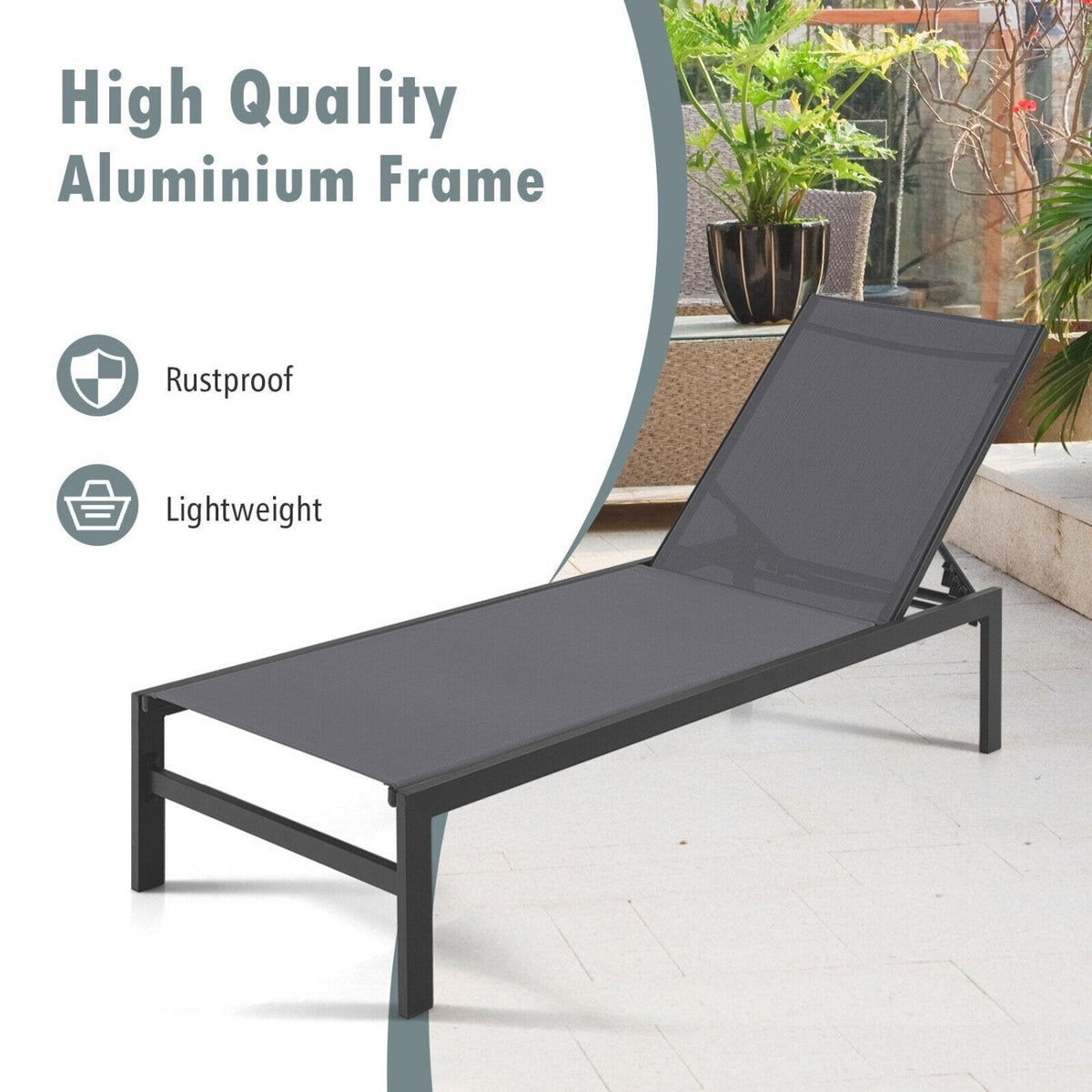 Aluminium Chaise Lounge with Sling Seat and Flat Reclining Back, Gray